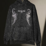 WavyCouture Black Printed Acid Wash Cotton Hoodie