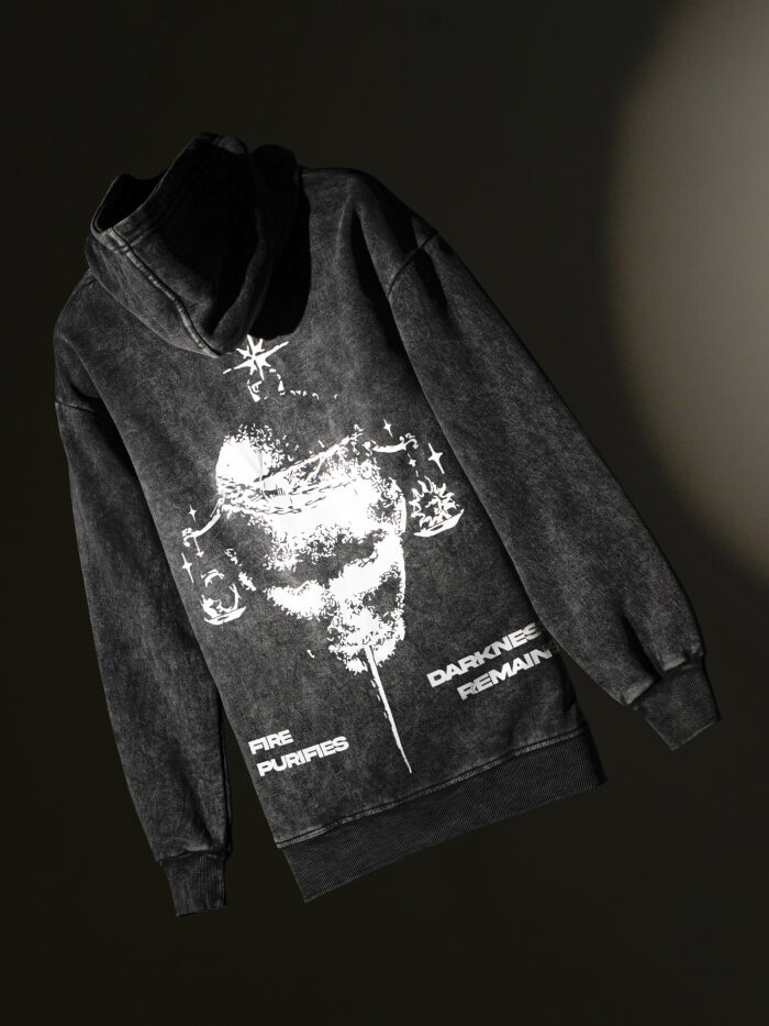WavyCouture Black Printed Acid Wash Cotton Hoodie - Image 3