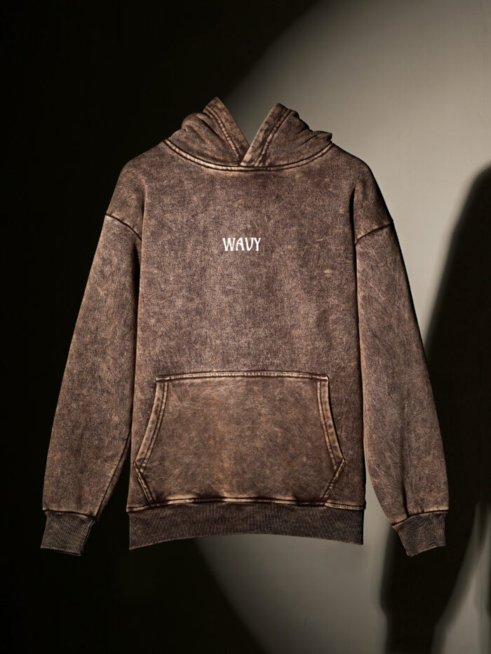 WavyCouture Premium Cotton Brown Acid Wash Hoodie - Image 2