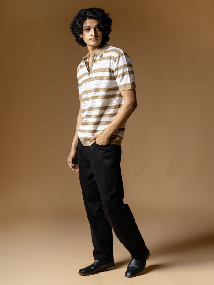 WavyCouture Brown Stripped Chain Collor Polo T Shirt - Image 6