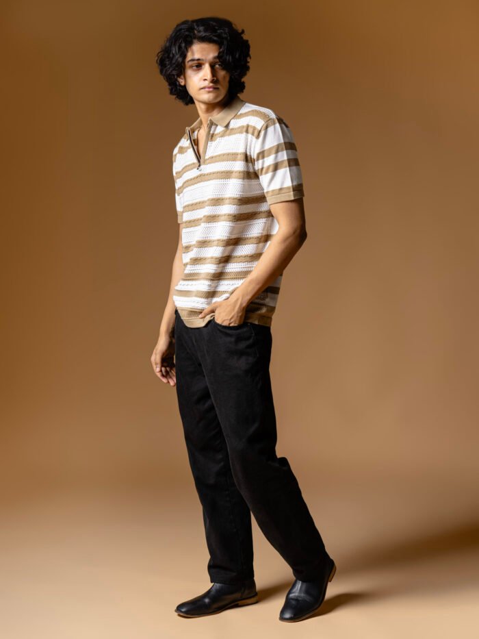 WavyCouture Brown Stripped Chain Collor Polo T Shirt - Image 6
