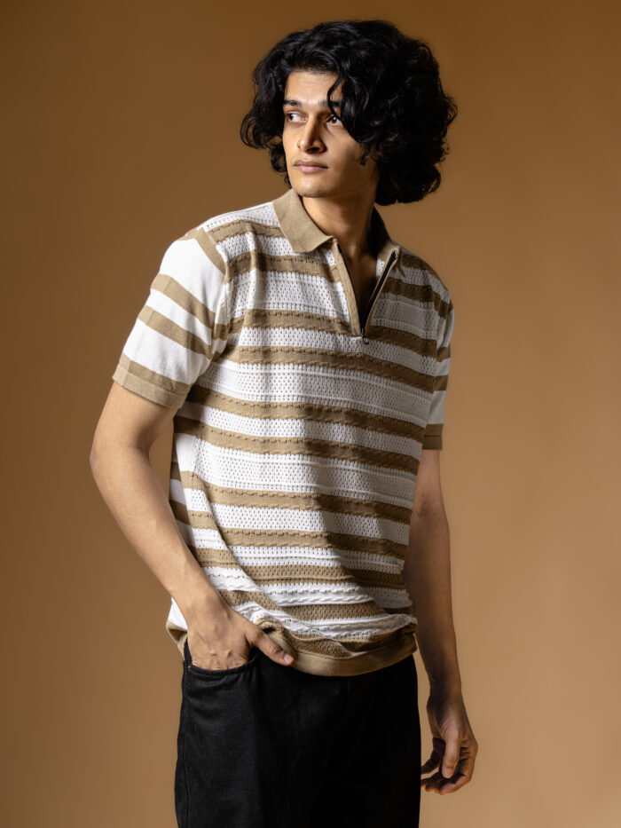 WavyCouture Brown Stripped Chain Collor Polo T Shirt - Image 2