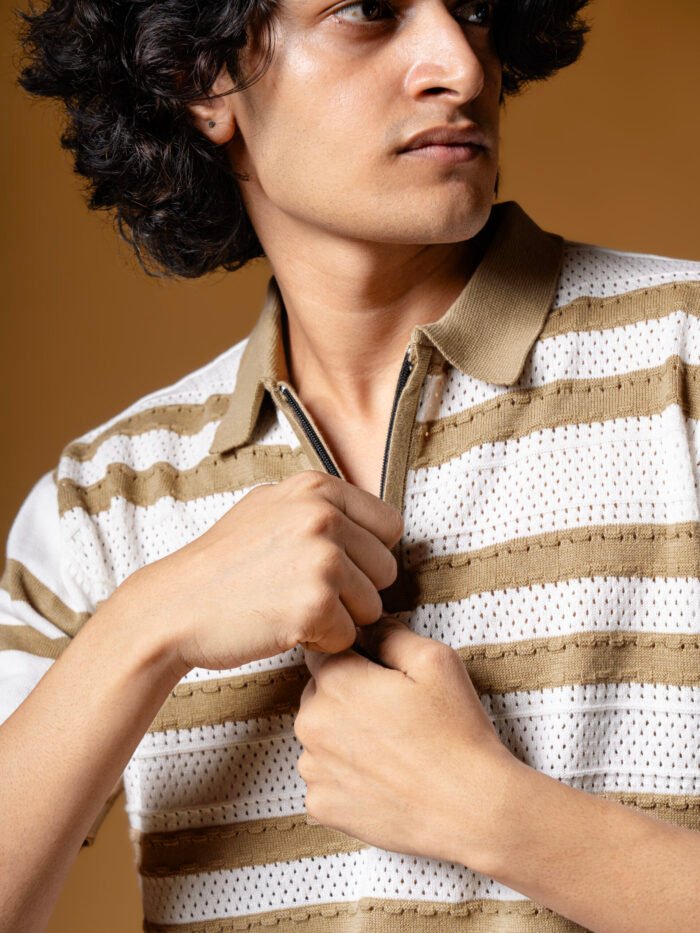 WavyCouture Brown Stripped Chain Collor Polo T Shirt - Image 4