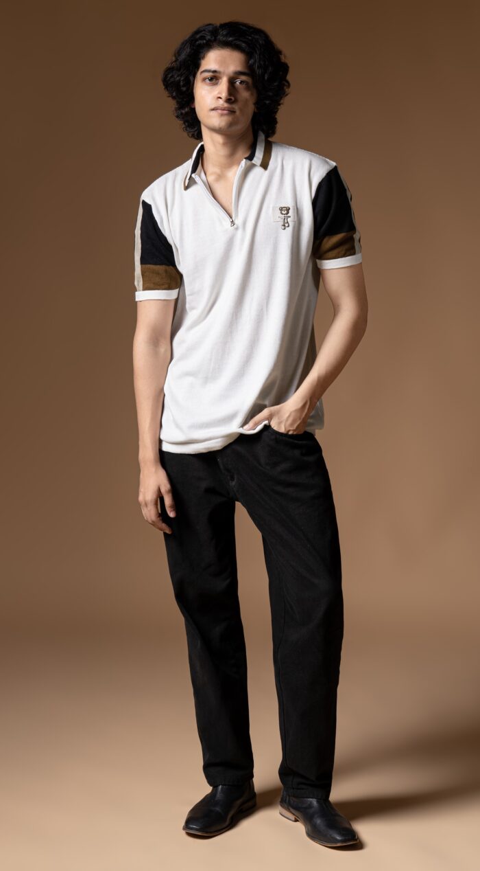 WavyCouture Cotton White Stripped Collor Polo T-Shirt - Image 2
