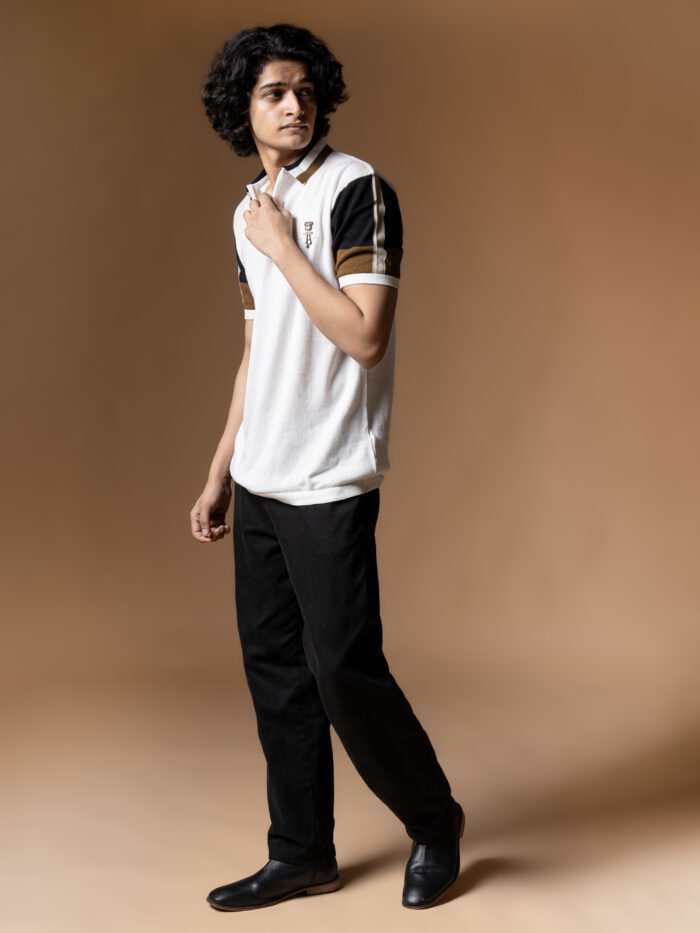 WavyCouture Cotton White Stripped Collor Polo T-Shirt - Image 3