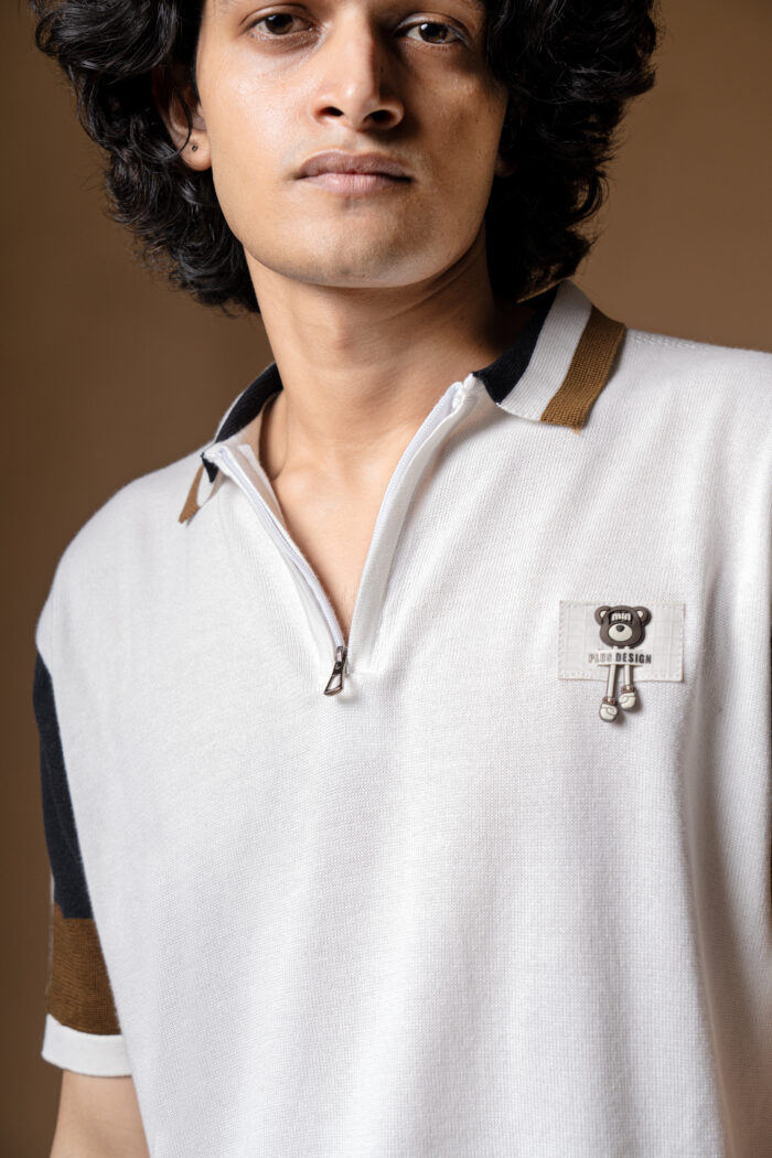 WavyCouture Cotton White Stripped Collor Polo T-Shirt - Image 7