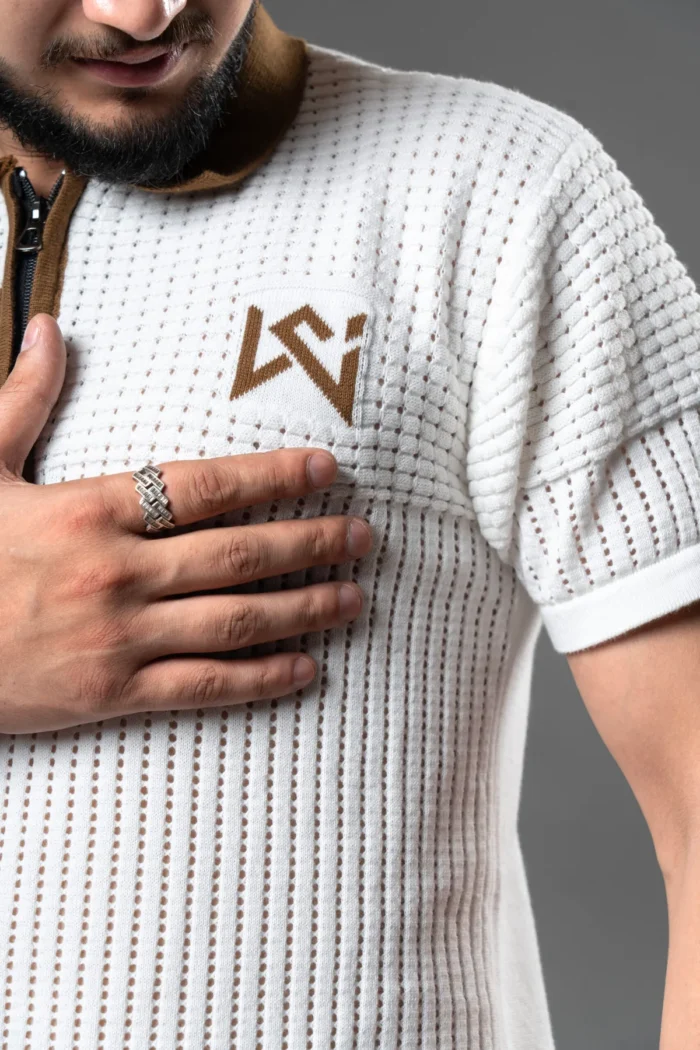 WavyCouture Cotton White Woolen Polo T-Shirt - Image 6