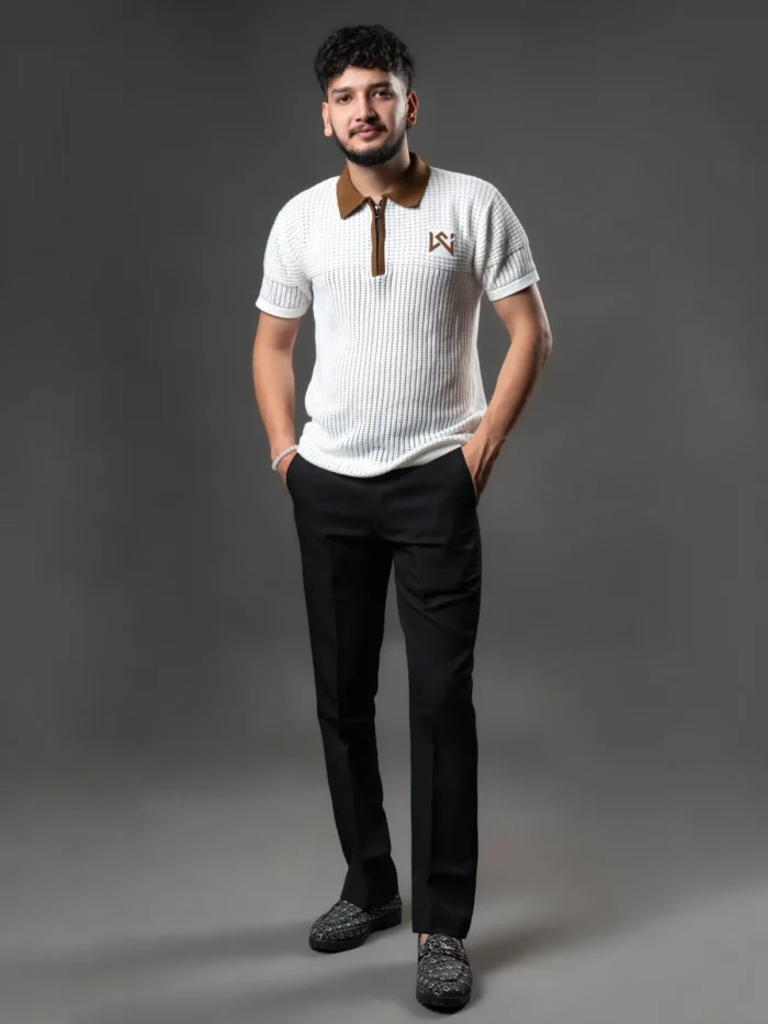 WavyCouture Cotton White Woolen Polo T-Shirt - Image 2